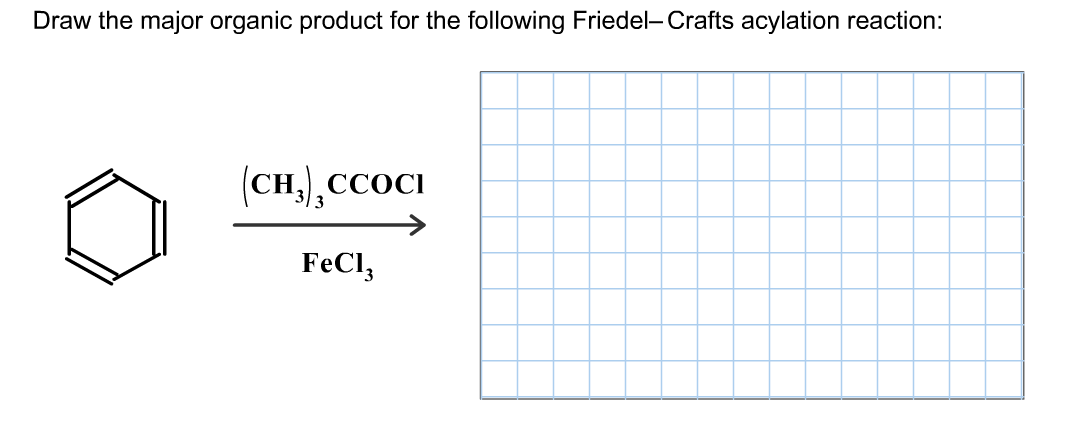 Draw the major organic product for the friedel-crafts acylation reaction