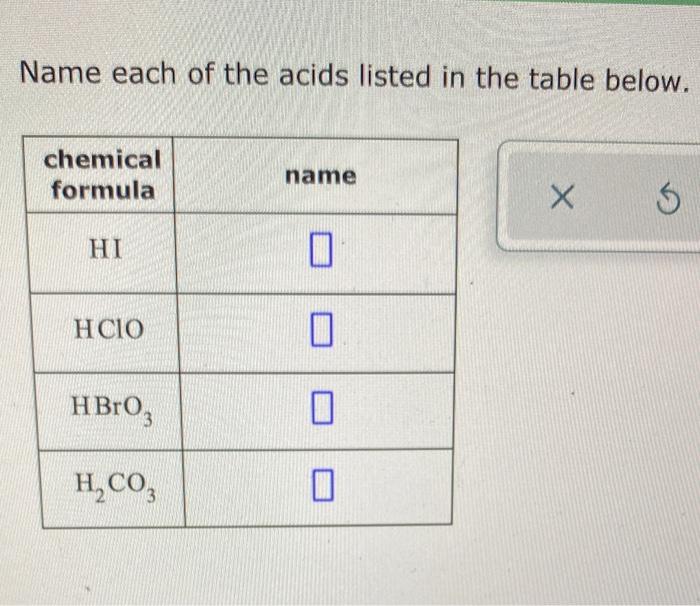 Listed acids table name each below chemical formula solved transcribed text show